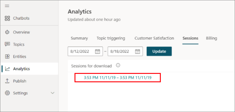 Screenshot of the Sessions page in Microsoft Copilot Studio analytics, with a session highlighted.