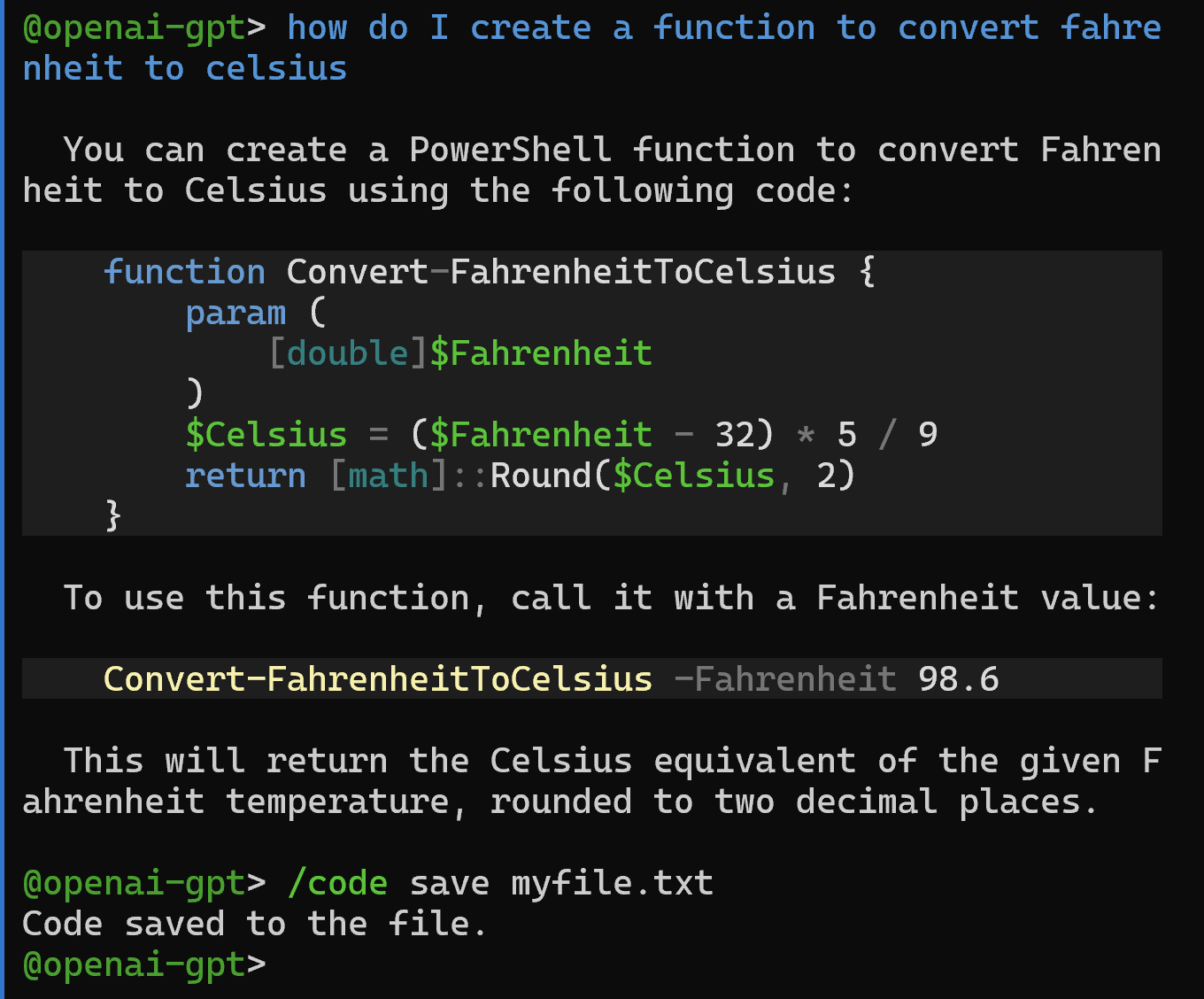 A screenshot showing how to save the code to a file.