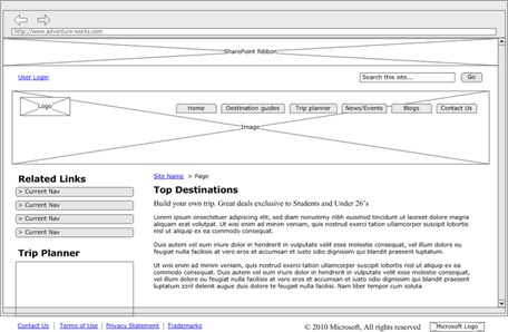 Visio 2010 wireframe for Adventure Works Travel