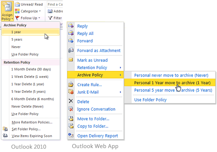 Archive policy in Outlook 2010 and Outlook Web App