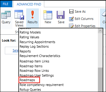 Screenshot of Advanced Find results menu.
