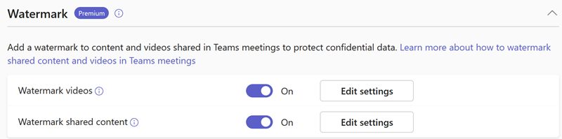Captura de ecrã a mostrar as políticas de marca d'água da reunião do Teams no centro de administração do Teams.