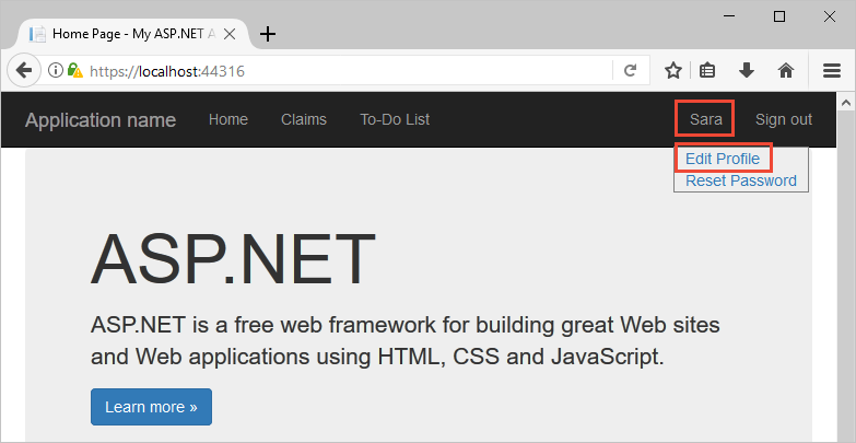 Captura de tela do aplicativo Web de exemplo no navegador com o link editar perfil realçado