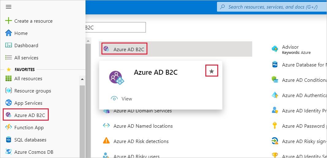 Azure AD B2C, menu Favoritos, portal do Azure