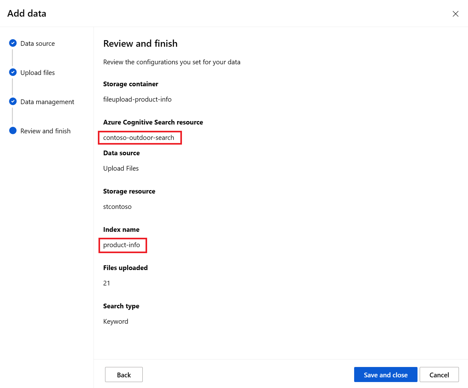 Captura de tela da página de revisão e término para adicionar dados.