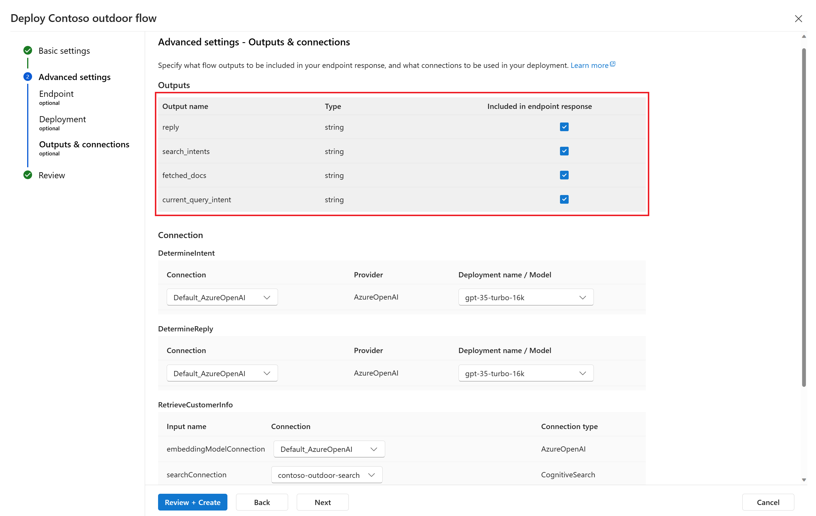 Captura de tela da página de configurações avançadas no assistente de implantação.