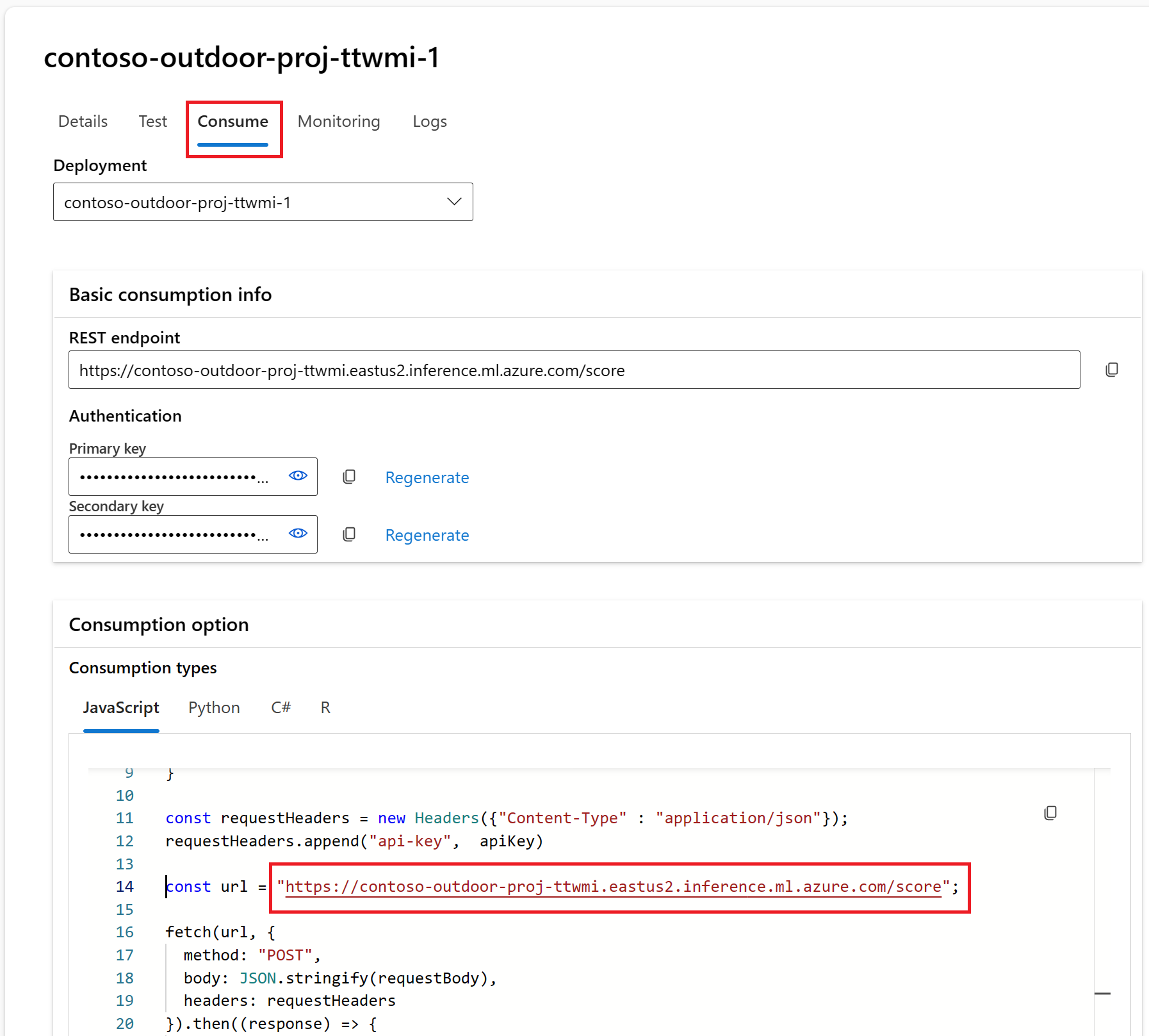Captura de tela dos exemplos de código e do ponto de extremidade de implantação de prompt flow.