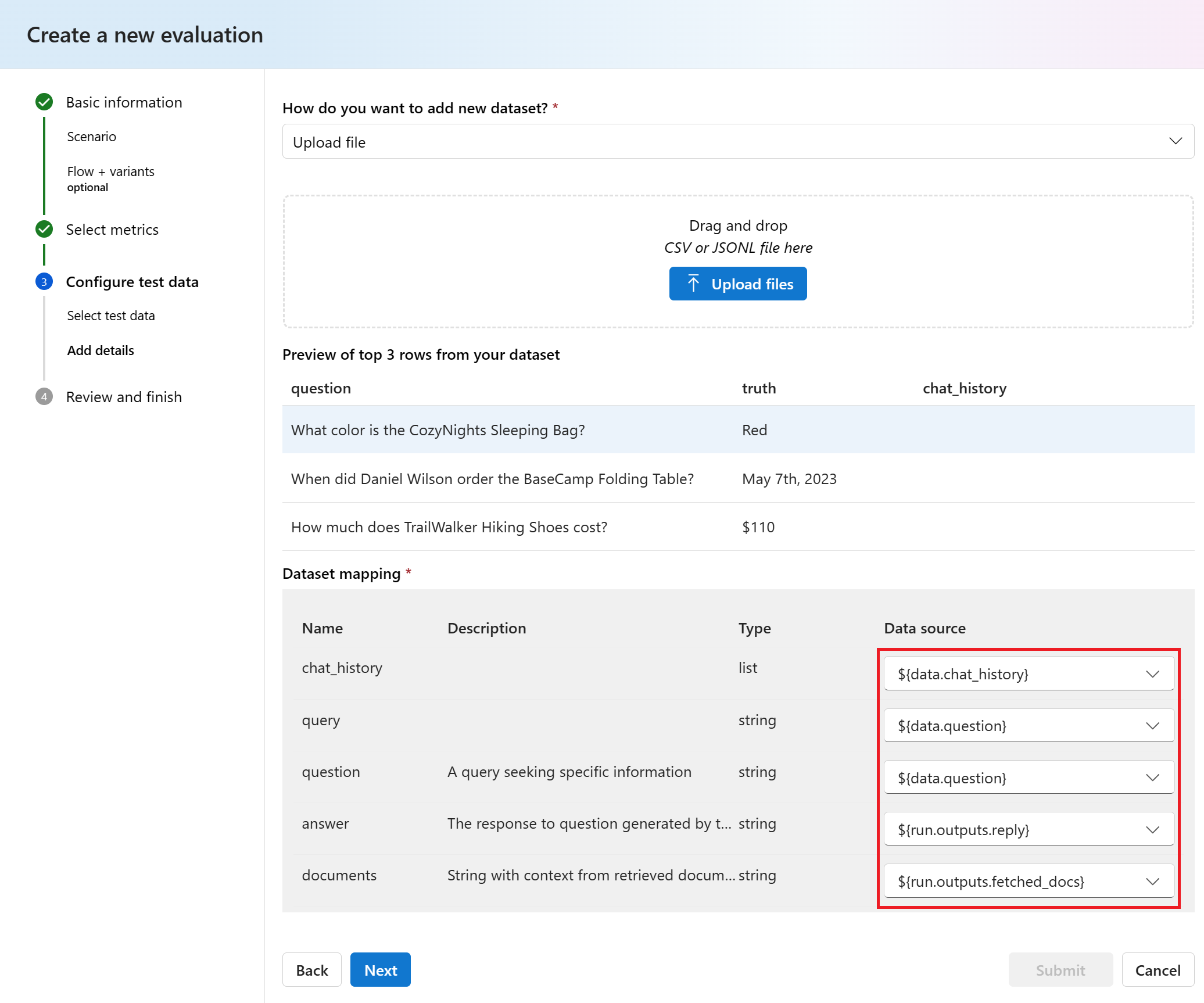 Captura de tela do mapeamento do conjunto de dados de avaliação.