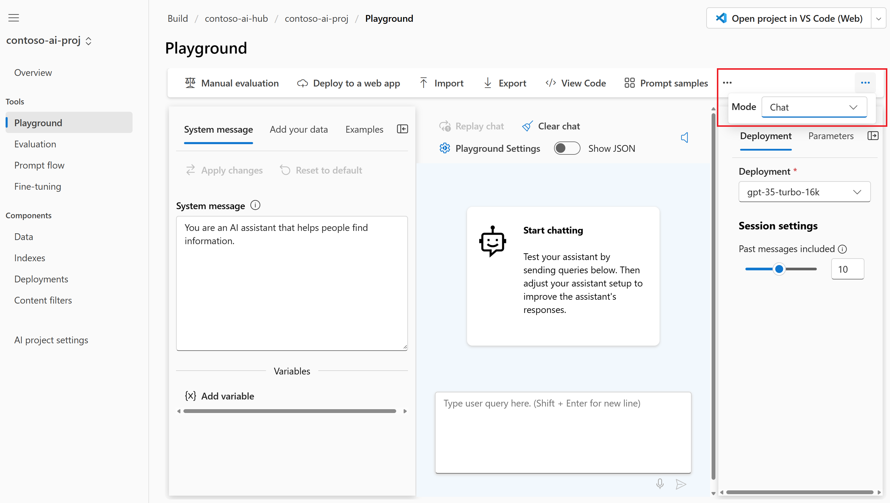 Captura de tela do playground de chat com o modo de chat e o modelo selecionados.