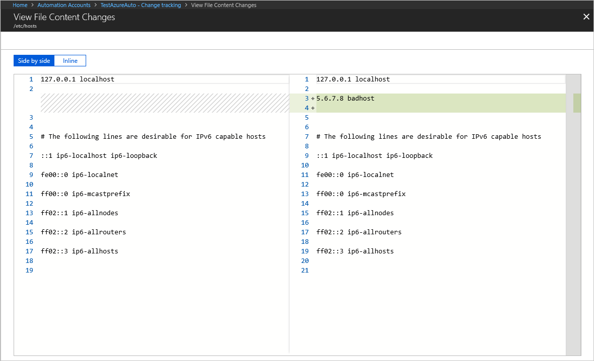 Captura de tela da exibição de alterações em um arquivo do Windows ou do Linux.