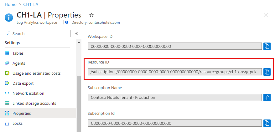 Captura de tela que mostra a ID do recurso do workspace.