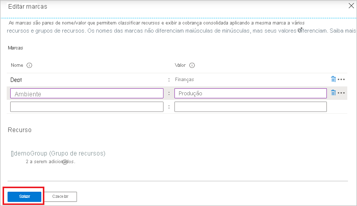 Captura de tela do portal do Azure com o botão Salvar em destaque após adicionar tags.