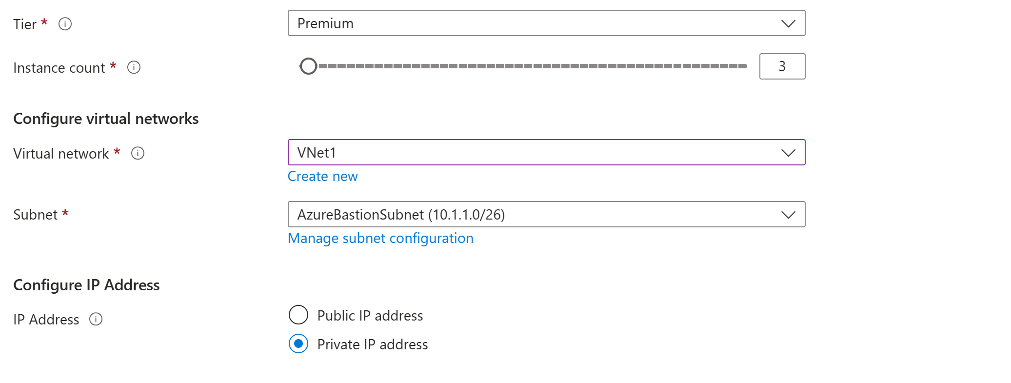Captura de tela das definições de configuração de endereço IP do Azure Bastion.