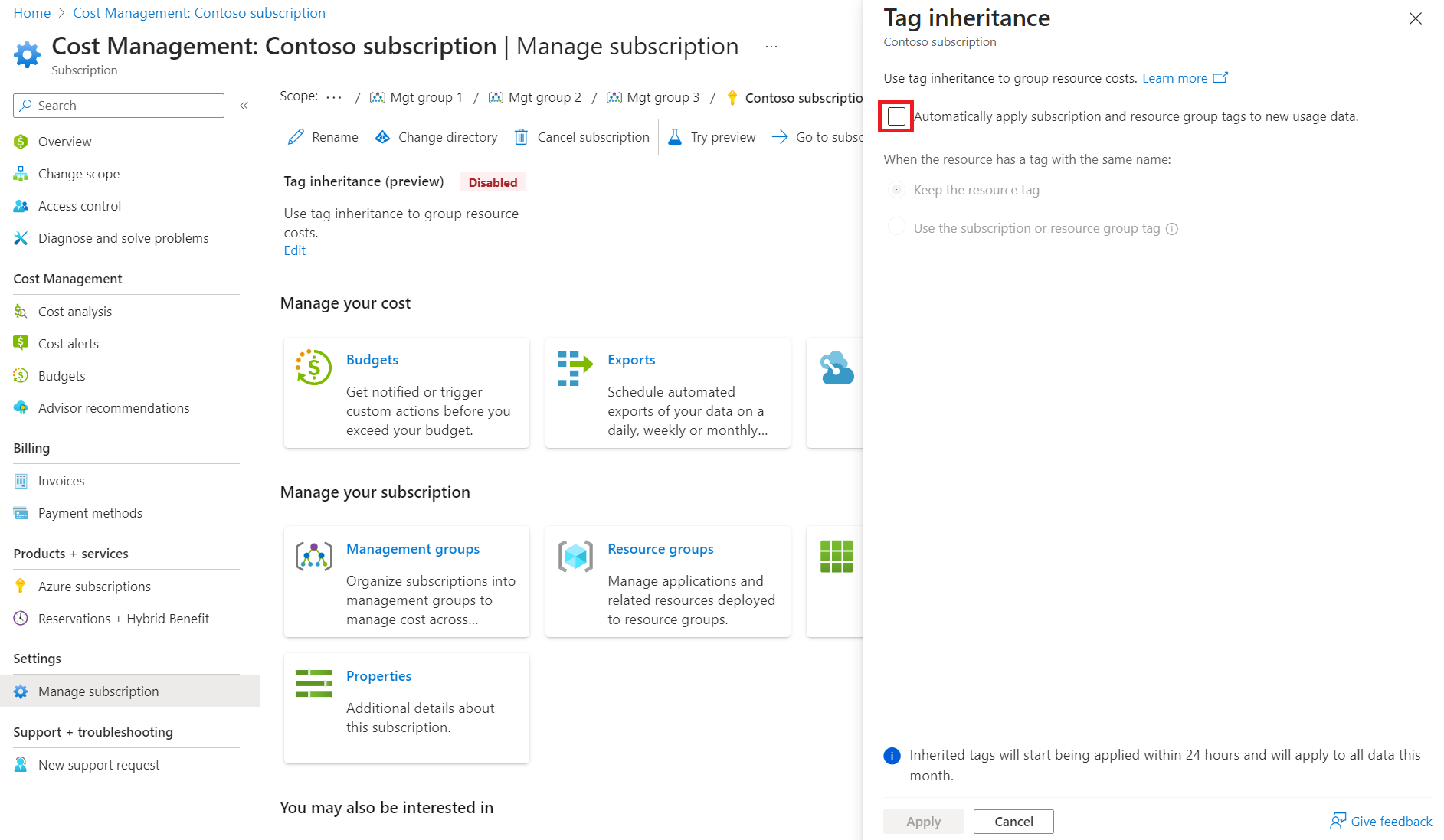 Screenshot showing the Automatically apply subscription and resource group tags to new data option for a subscription.