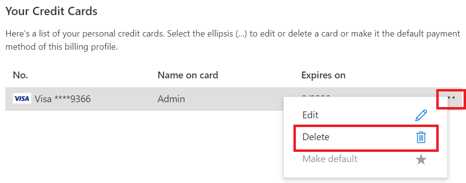 Example screenshot showing where to delete a credit card.