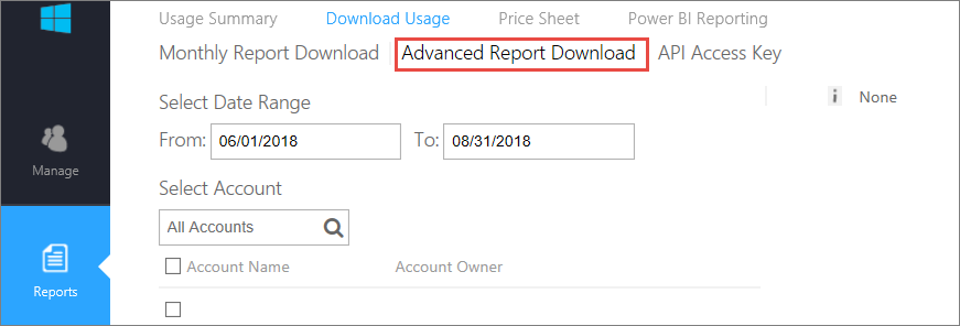 Screenshot that shows Advanced report Download on the Download usage tab.