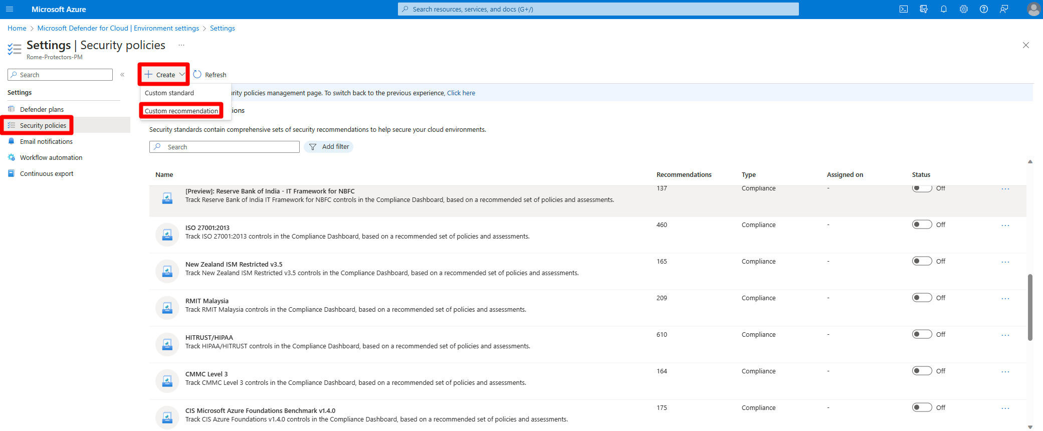 Captura de tela do acesso à página da política de segurança no Microsoft Defender para Nuvem.