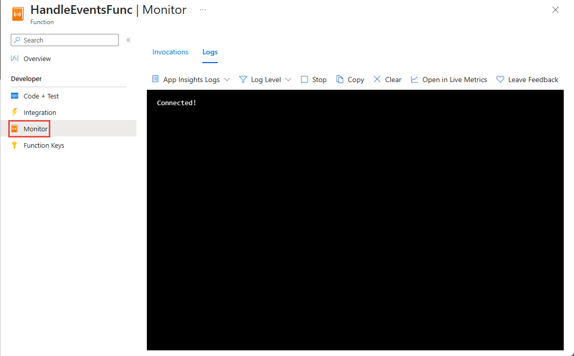 Captura de tela mostrando o modo de exibição de Monitor da função do Azure.