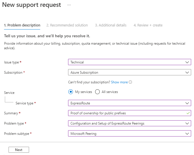 Captura de tela de uma nova solicitação de suporte para comprovação da propriedade de prefixos públicos.