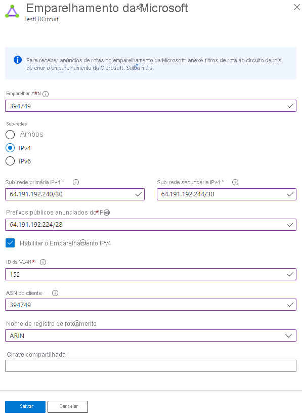 Captura de tela que mostra a configuração do emparelhamento da Microsoft.