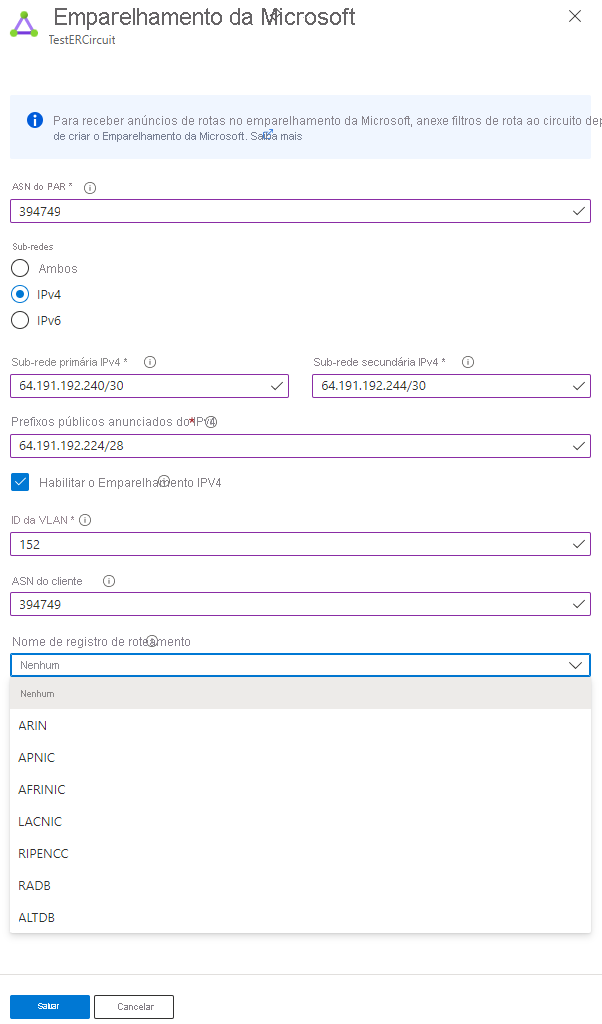 Captura de tela que mostra como atualizar as propriedades do emparelhamento da Microsoft.
