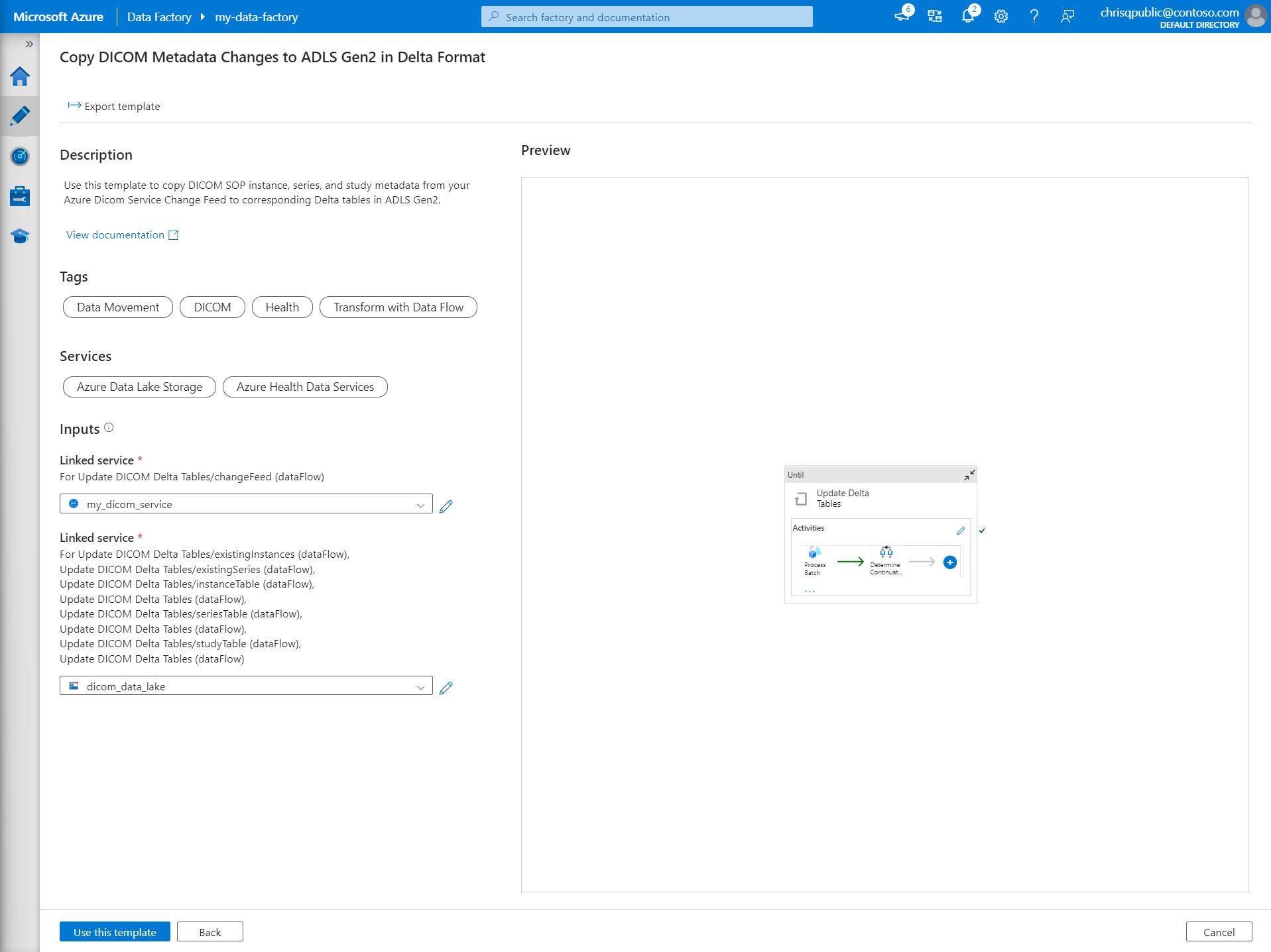 Screenshot that shows the Inputs section with linked services selected.