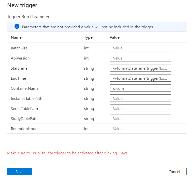 Screenshot that shows the Trigger Run Parameters pane, with StartTime and EndTime values entered.