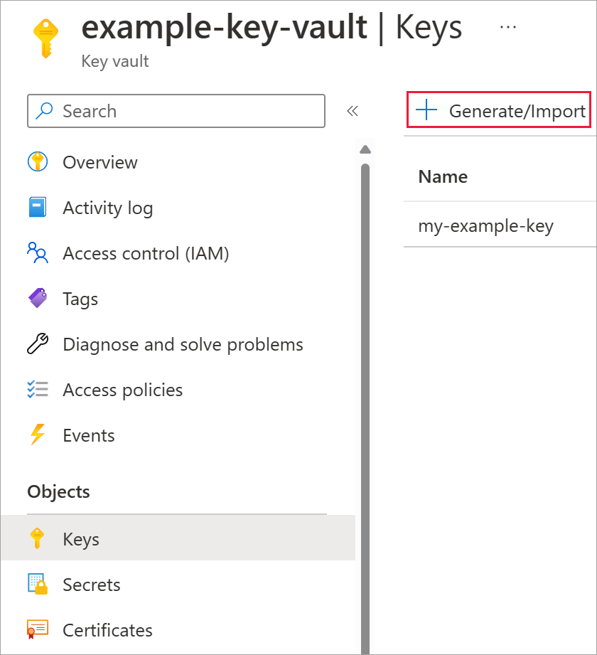Captura de tela do painel de configurações do recurso do Key Vault, mostrando o botão gerar/importar dentro das configurações.