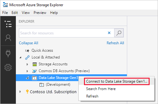Connect to Data Lake Store context menu