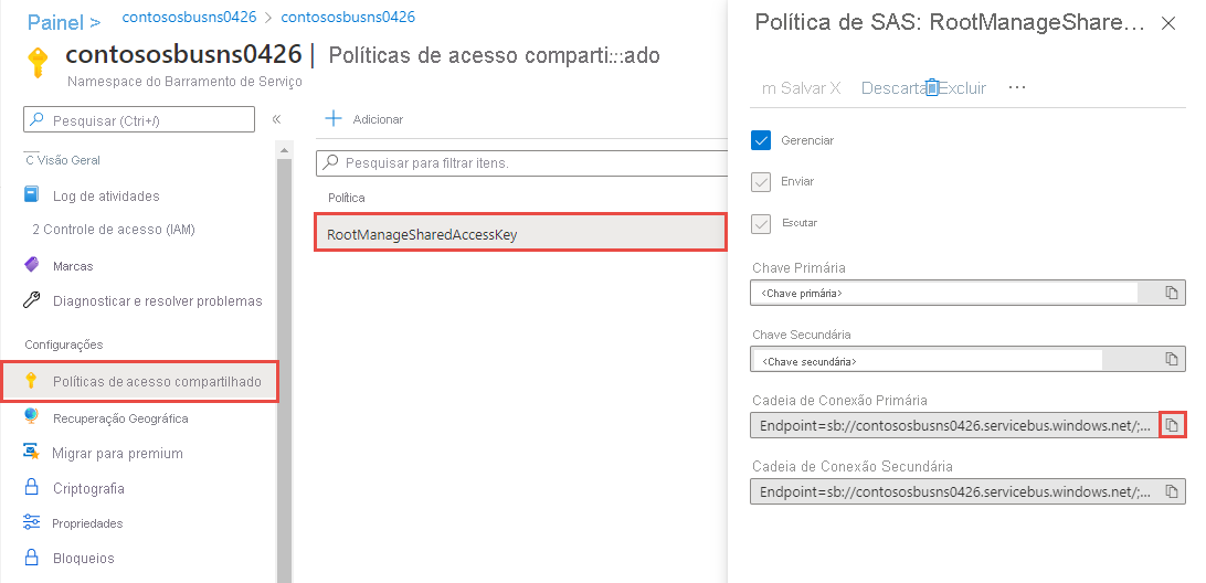 Screenshot shows an S A S policy called RootManageSharedAccessKey, which includes keys and connection strings.