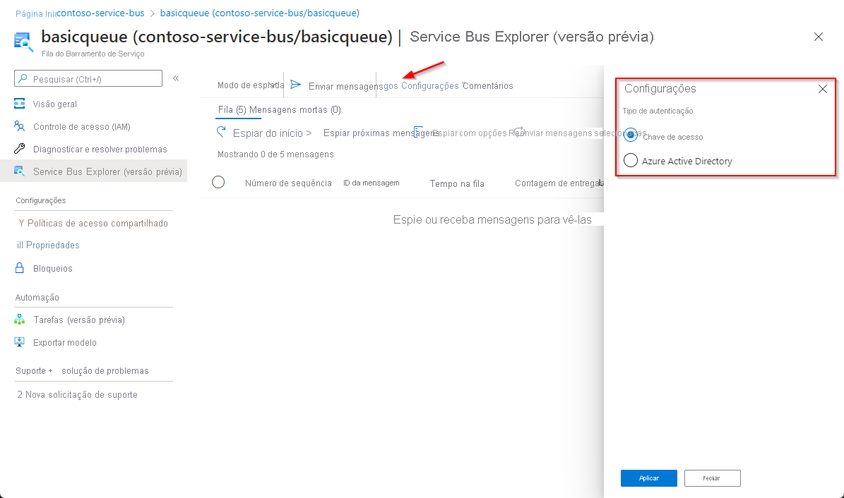 Screenshot indicating the Settings button and a page showing the different authentication types.