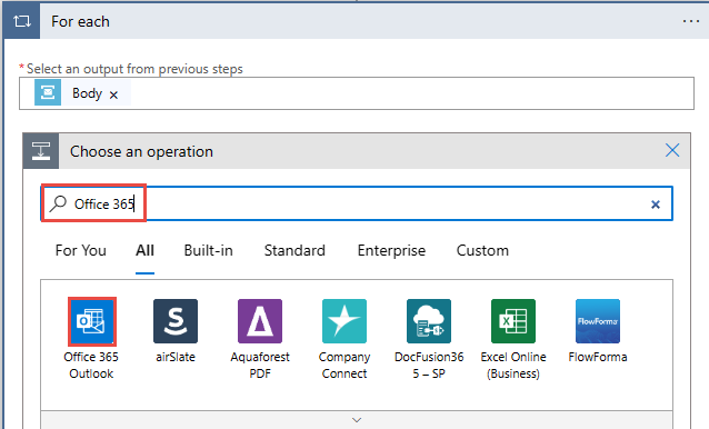 Captura de tela mostrando a seleção do Office 365.