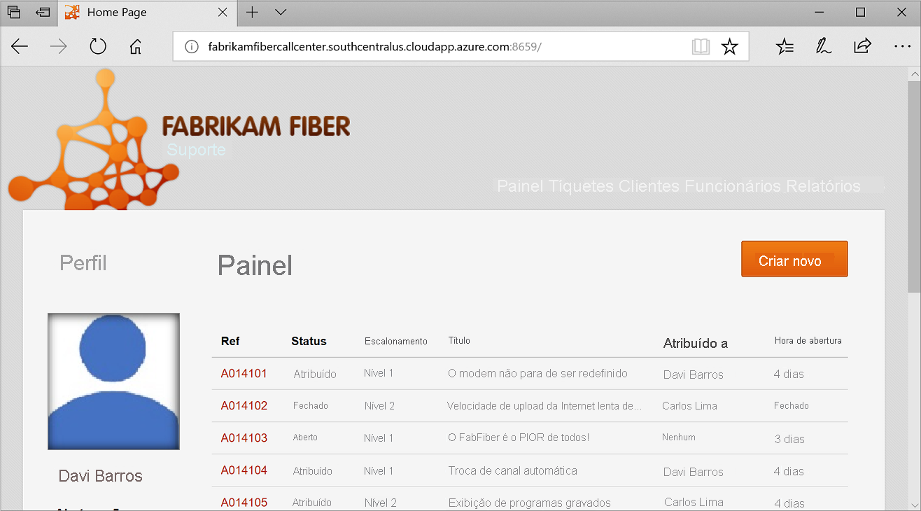 Captura de tela da página inicial do aplicativo Fabrikam Fiber CallCenter em execução em azure.com. A página mostra um painel com uma lista de chamadas de suporte.