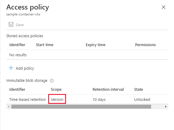 Captura de tela que mostra a política de retenção no nível de versão padrão configurada para o contêiner
