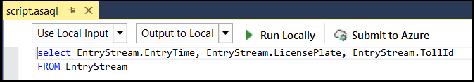 Entrada e saída local do Visual Studio no Azure Stream Analytics