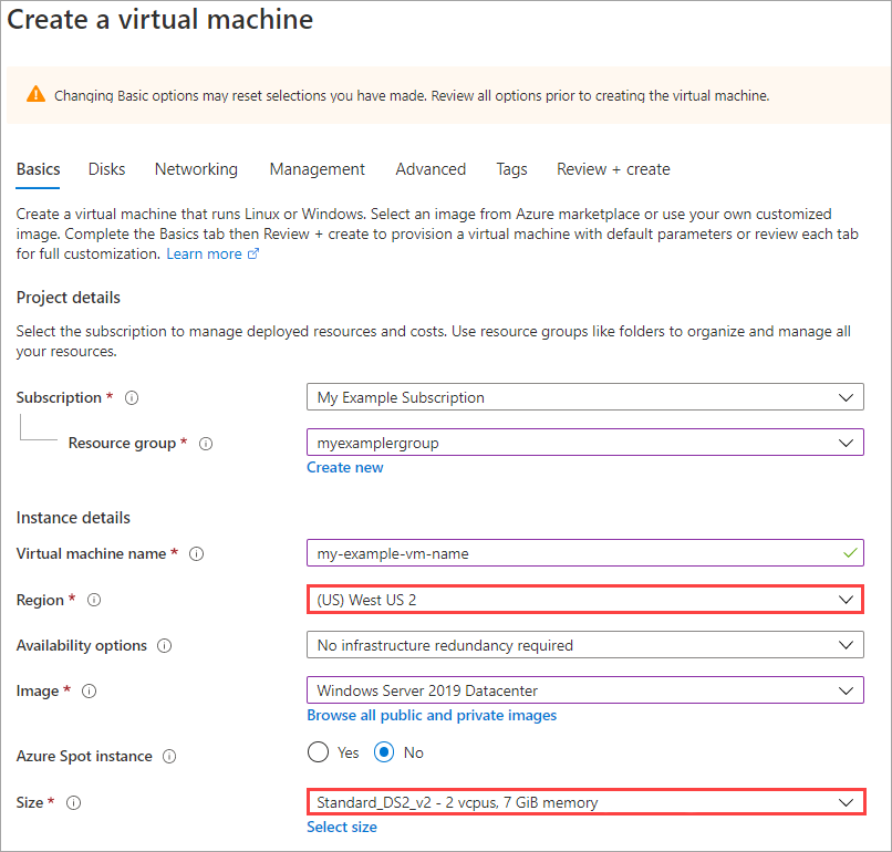 Captura de tela do painel de noções básicas de criação de máquina virtual, a região e o tamanho da VM estão realçados.