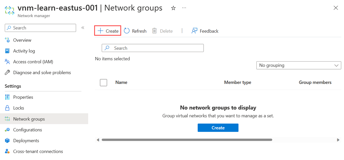 Captura de tela de uma lista vazia de grupos de rede e o botão para criar um grupo de rede.
