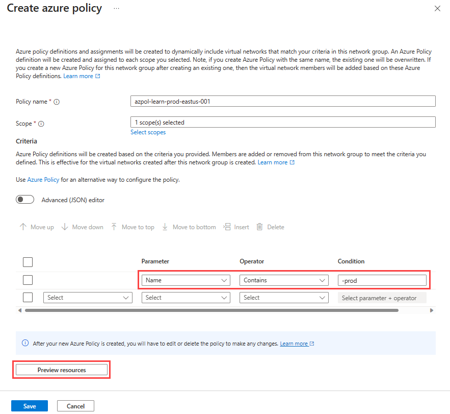 Captura de tela do painel para criar uma política do Azure, incluindo critérios para definições.