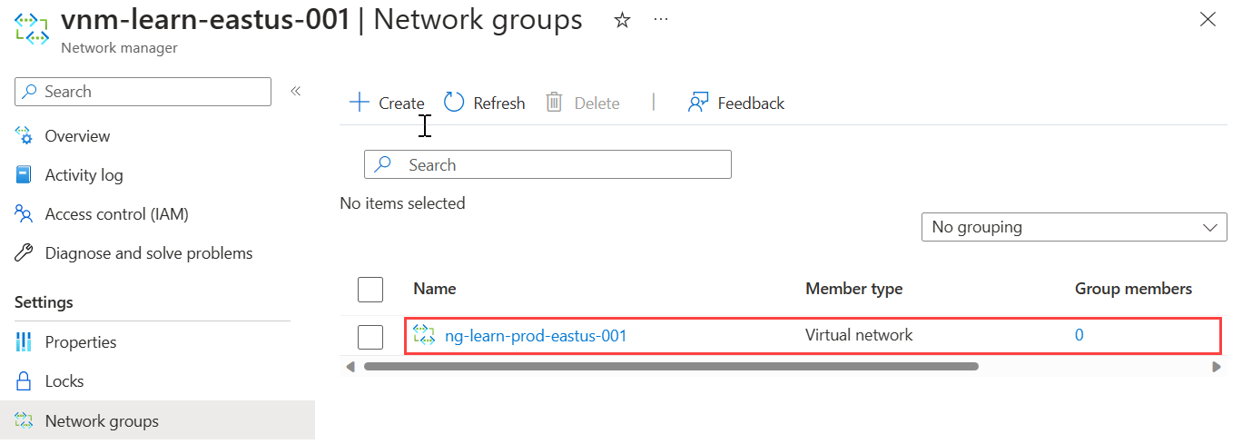 Captura de tela de um grupo de rede recém-criado no painel que lista os grupos de rede.