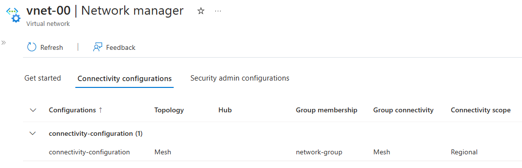 Captura de tela de uma configuração de conectividade listada para uma rede virtual.