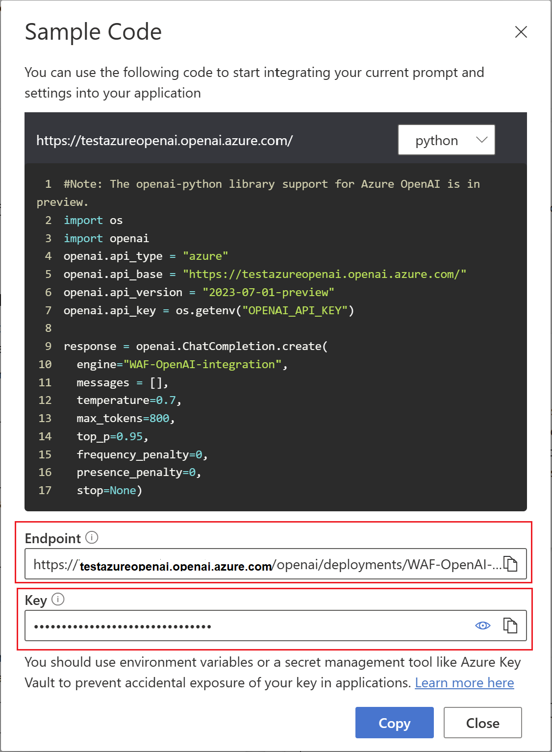 Captura de tela mostrando o código de amostra do Azure OpenAI com Endpoint e Key.