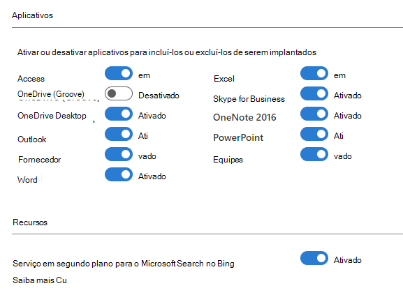 Captura de ecrã das Definições de configuração para aplicações e funcionalidades no Microsoft 365, com várias aplicações e o serviço em segundo plano da Microsoft Search no Bing.