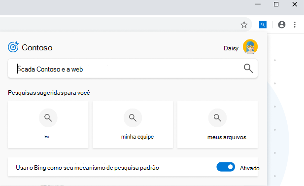 Uma captura de ecrã da lista de opções do Microsoft Search no Chrome a mostrar as pesquisas sugeridas e uma opção para utilizar o Bing como motor de busca predefinido.