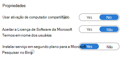 Uma captura de ecrã das definições de propriedades do Intune a mostrar opções para ativação de computadores partilhados, termos de Licenciamento para Software Microsoft e serviço em segundo plano para o Microsoft Search no Bing.