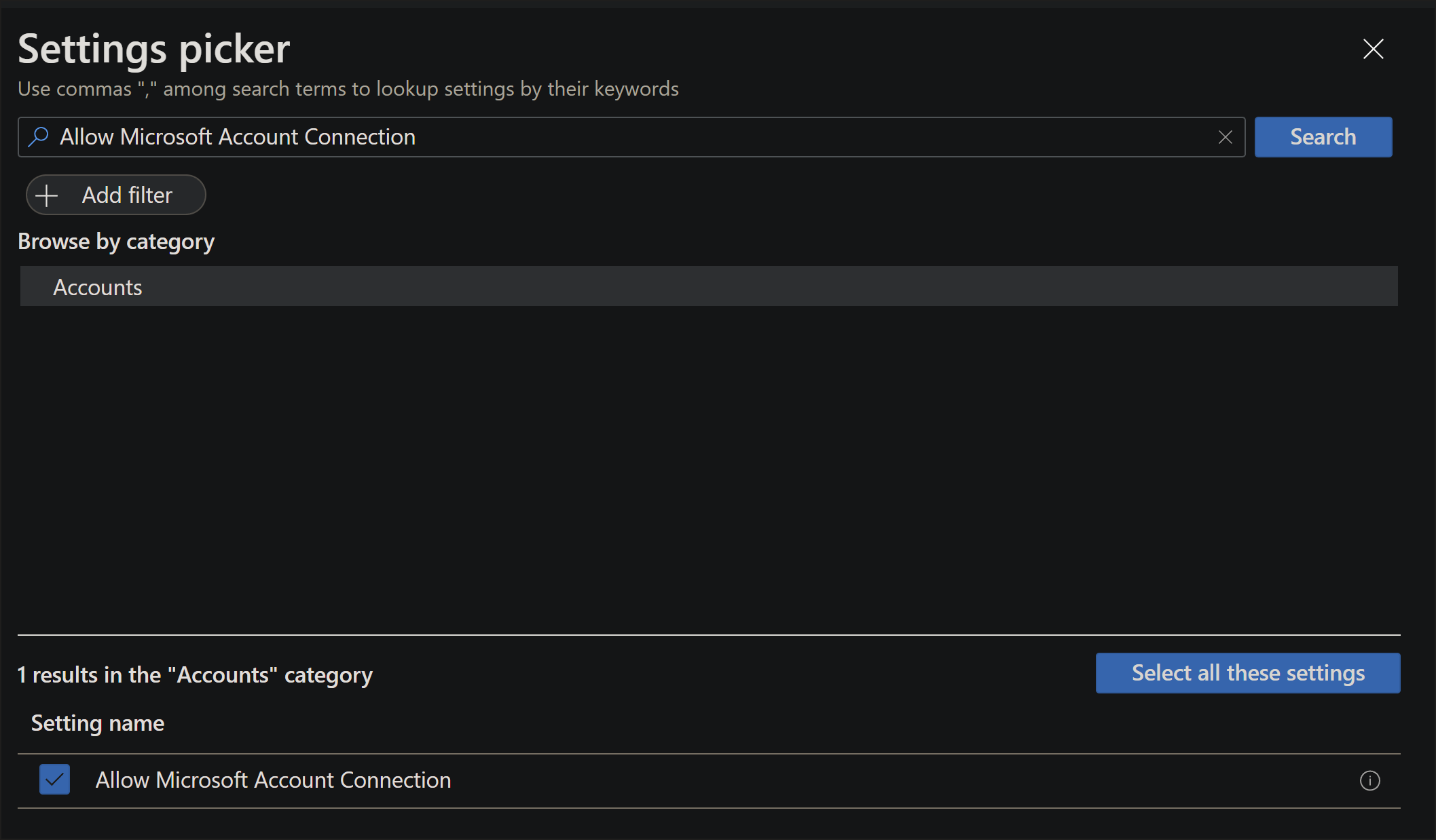 Captura de tela da opção seletor de configurações.