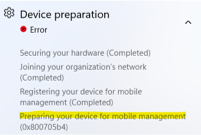 Página de estado da inscrição do Autopilot, Erro de Preparação do Dispositivo 800705b4.