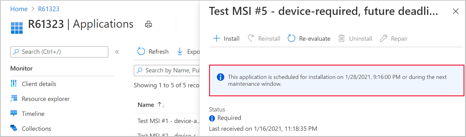 Captura de tela mostrando detalhes sobre os prazos necessários para aplicativos no centro de administração Microsoft Intune