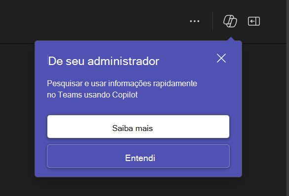Captura de tela mostrando o pop-up de notificação no Teams do administrador para usar Copilot.