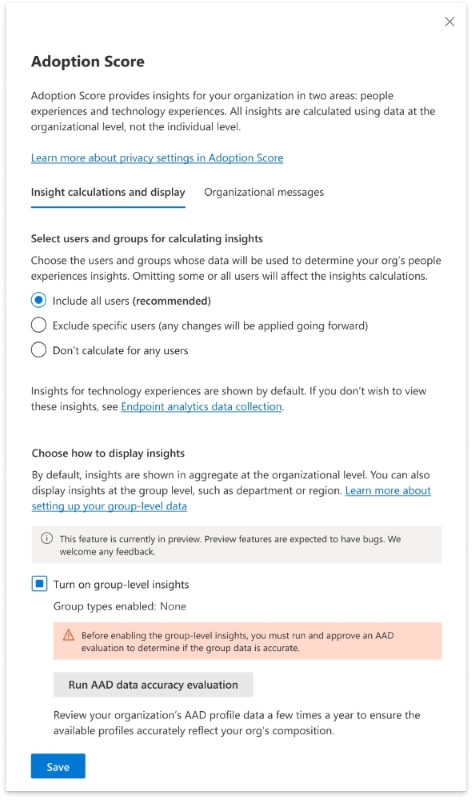 Captura de tela: aviso para executar uma avaliação de precisão de dados antes de habilitar insights em nível de grupo.