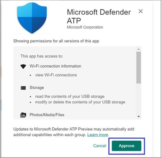 A página de aprovação de permissões no portal do Microsoft Defender 365